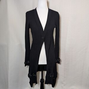 Black Long Cardigan Ruffle Trim Duster Ribbed Knit Size Small Whimsigoth Y2K